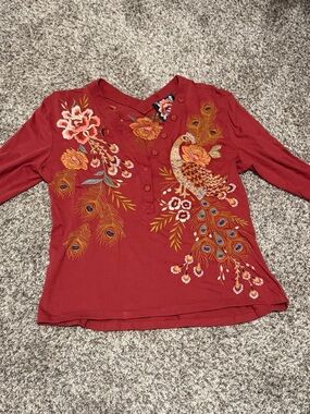 Johnny Was Crimson Red V-Neck Long Sleeve Tee with Peacock Embroidery